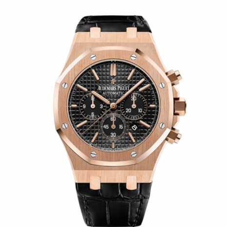 Audemars Piguet Royal Oak Chronograph Black Dial 41mm Pink Gold on Leather Strap Watch