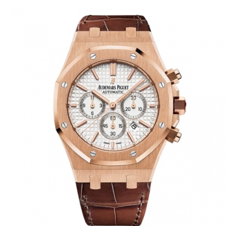 Audemars Piguet Royal Oak Chronograph 41mm Rose Gold White Dial Leather Strap Watch