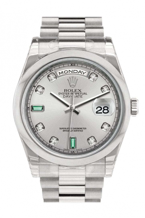 Day Date 36 Rhodium Diamonds Emeralds Dial President Men's Watch 118206