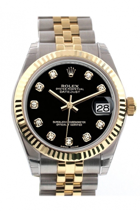 Datejust 31 Black Diamond Dial Fluted Bezel 18K Gold Two Tone Jubilee Ladies 178273